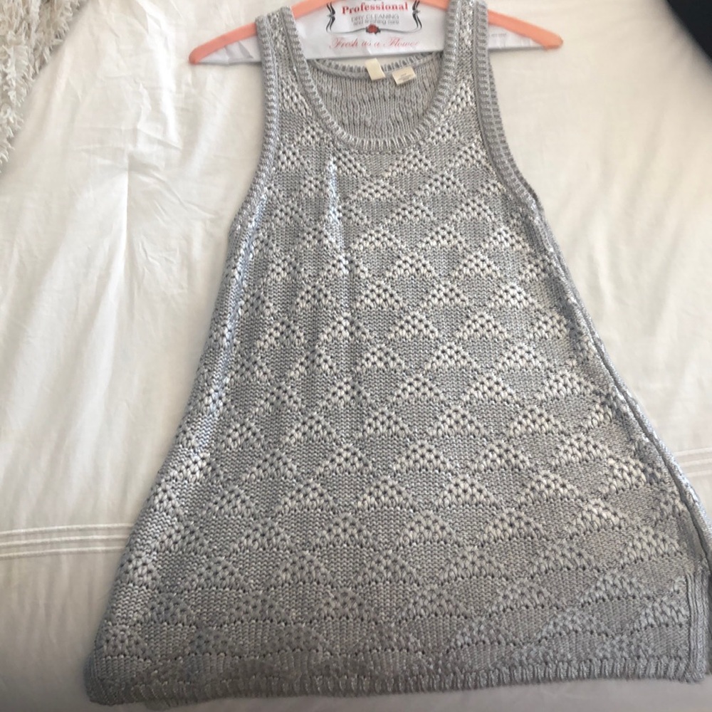 Silvery metallic knitted long sleeveless top/tunic